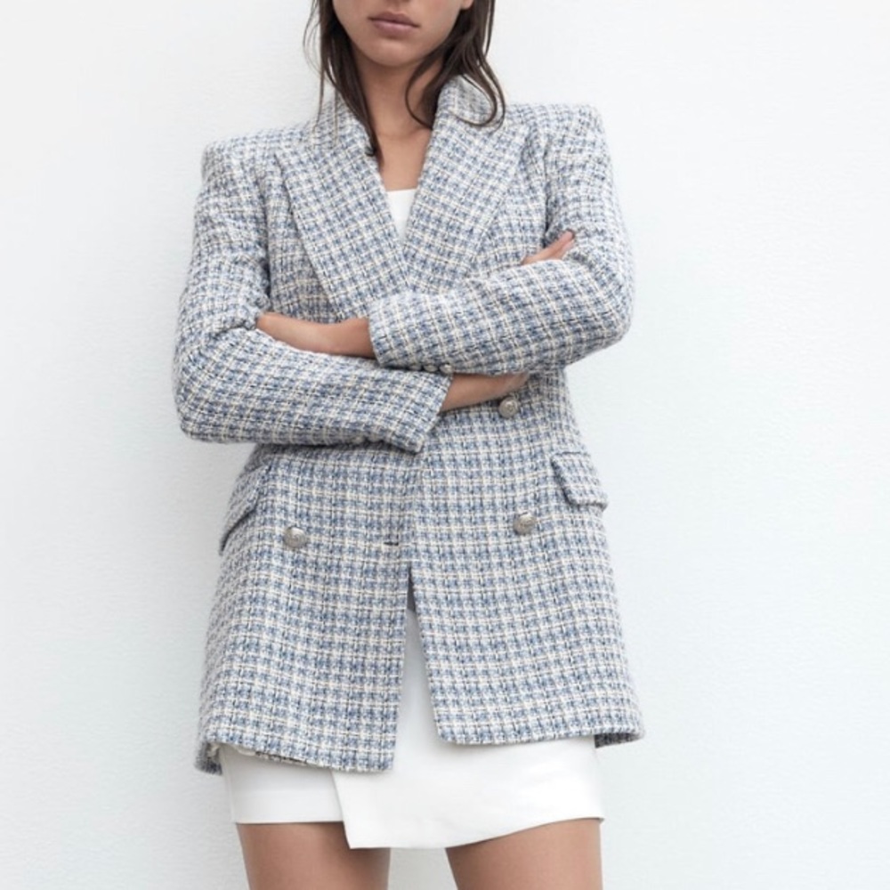 Zara textured double breasted blazer, light blue